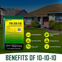 Southern Ag 10-10-10 fertilizer bag label shows balanced nutrients for gardens.