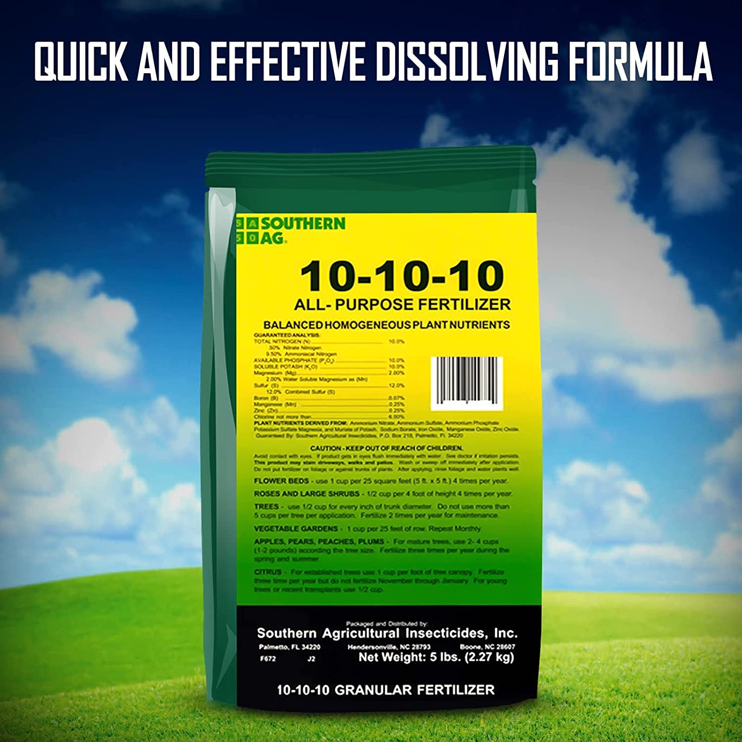 Southern Ag Granular Fertilizer 10-10-10 being broadcast for uniform lawn nourishment.
