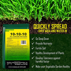 Healthy lawn growth after using Southern Ag 10-10-10 granular fertilizer.
