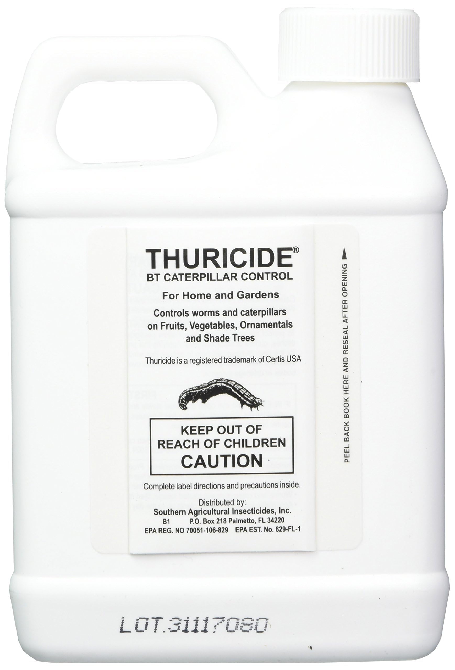 Southern Ag Thuricide label closeup shows BT concentrate for organic garden pest tasks