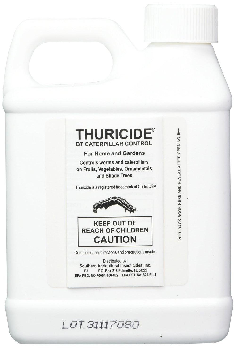 Southern Ag Thuricide label closeup shows BT concentrate for organic garden pest tasks