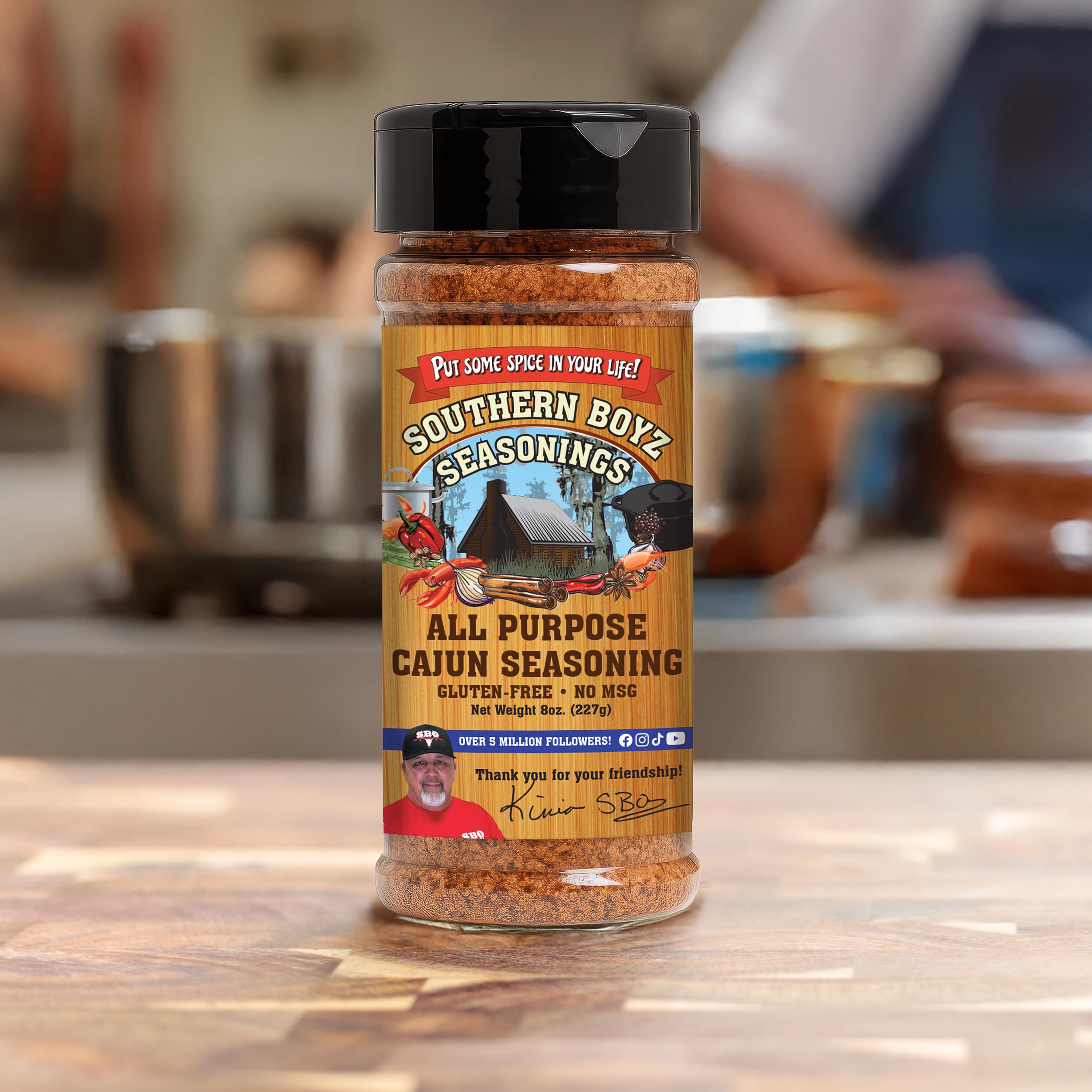 Close-up of Southern Boyz Outdoors Cajun seasoning jar label noting gluten-free and no MSG.