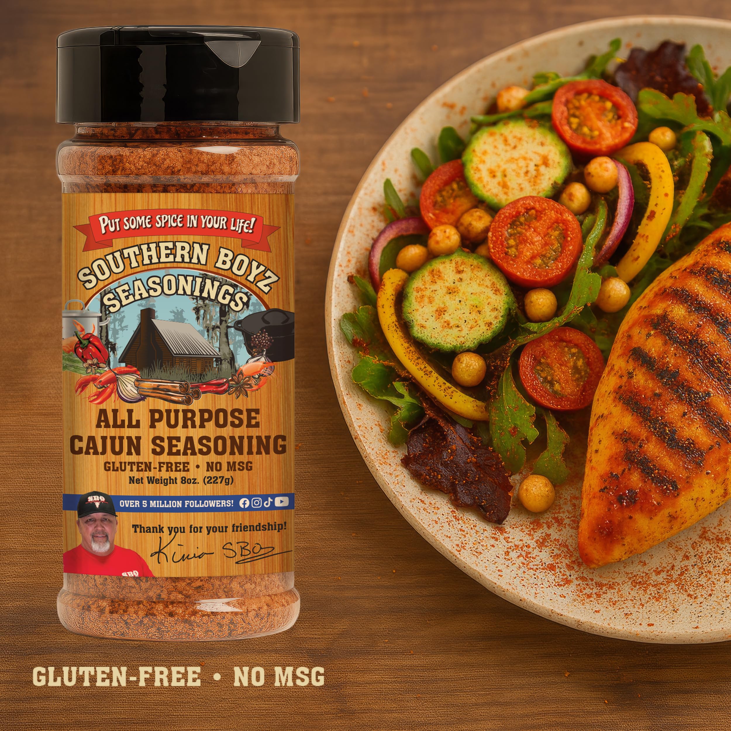 The Southern Boyz Outdoors seasoning label close-up shows versatile cooking suggestions.