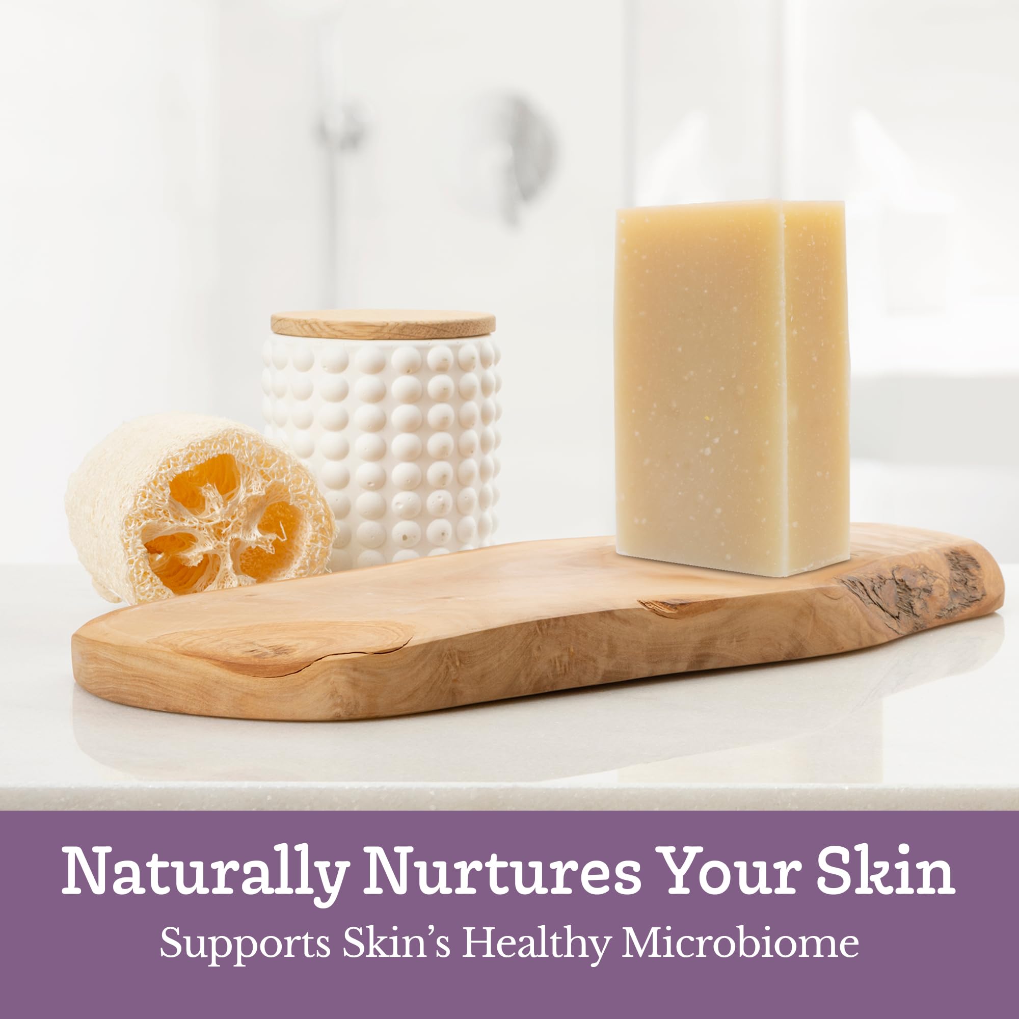 Southern Natural Lavender soap bar on bathroom counter with calming aroma