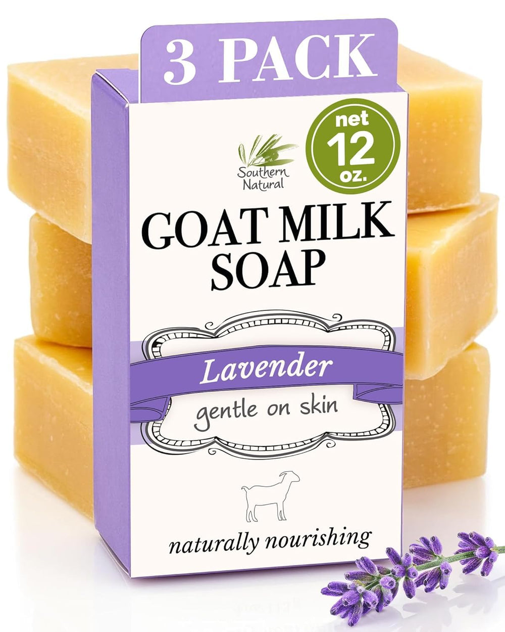 Southern Natural Lavender goat milk soap bar close-up showing creamy lather