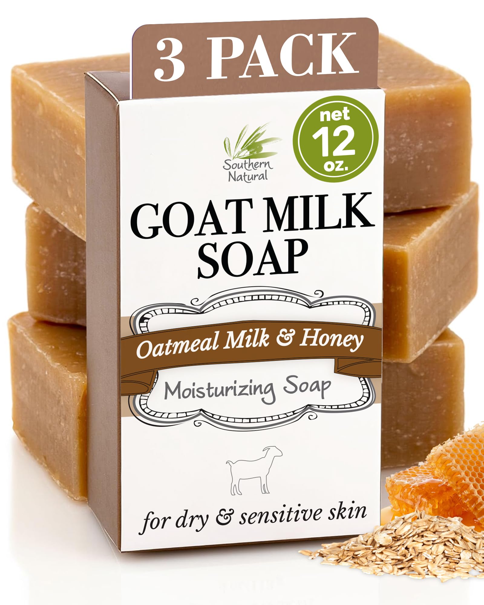 Southern Natural Goat Milk Soap Bar with Oatmeal Milk & Honey provides gentle cleansing for sensitive skin.