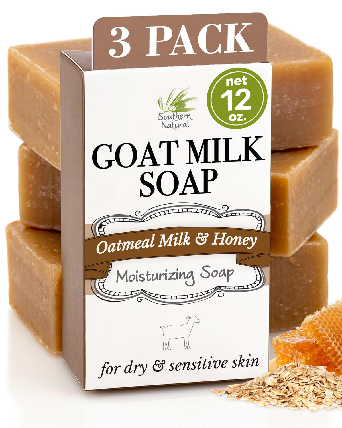 Southern Natural Goat Milk Soap Bar with Oatmeal Milk & Honey provides gentle cleansing for sensitive skin.