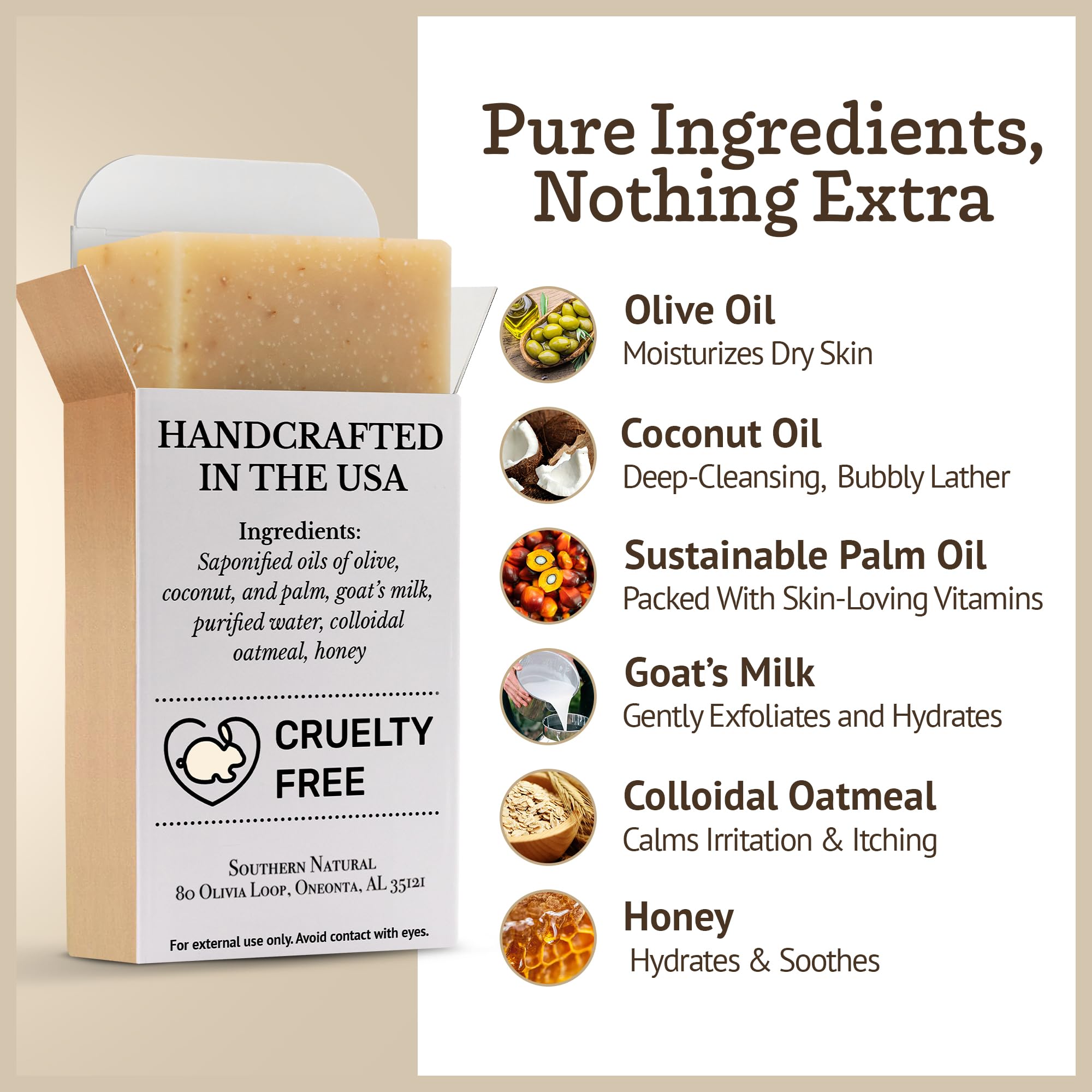 Southern Natural Oatmeal Soap Bar 3-Pack closeup shows creamy lather for dry skin.