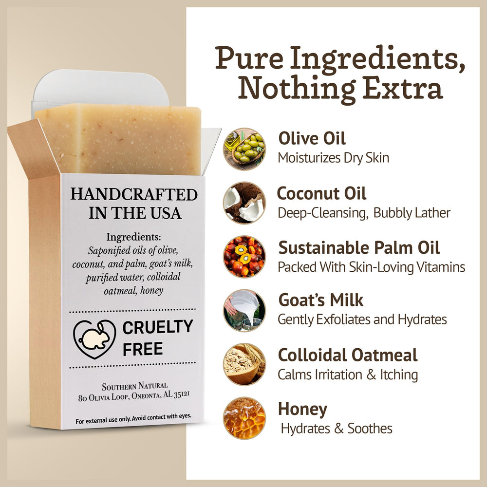Southern Natural Oatmeal Soap Bar 3-Pack closeup shows creamy lather for dry skin.