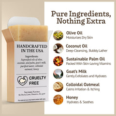 Southern Natural Oatmeal Soap Bar 3-Pack closeup shows creamy lather for dry skin.