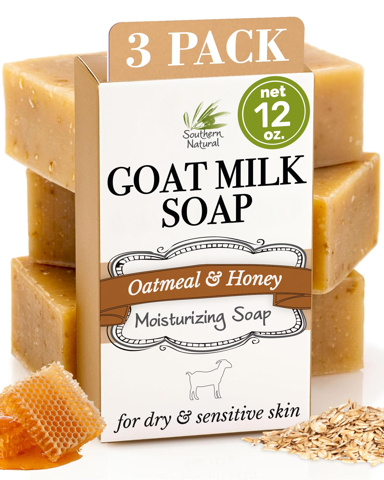 Southern Natural Oatmeal Soap Bar 3-Pack front view shows fragrance-free cleansing for sensitive skin.