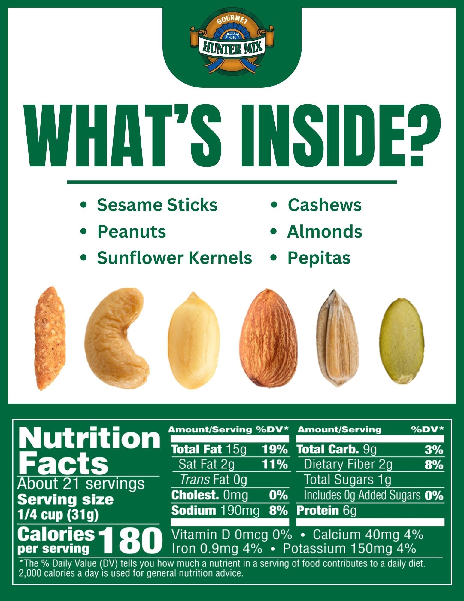 Southern Style Nuts Gourmet Hunter Mix ingredients closeup highlighting sesame sticks and roasted nuts.