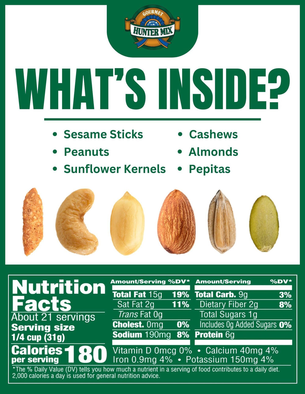 Southern Style Nuts Gourmet Hunter Mix ingredients closeup highlighting sesame sticks and roasted nuts.