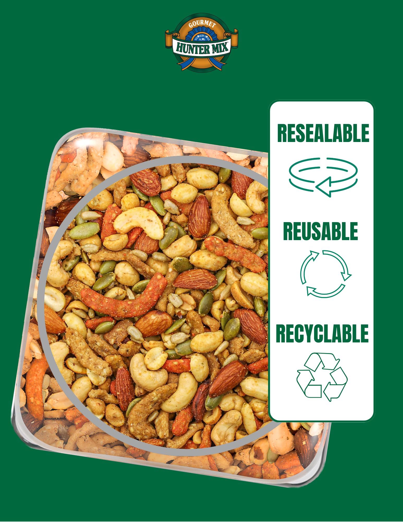 Southern Style Nuts Gourmet Hunter Mix roasted peanuts and nuts closeup for energy-boosting snack.