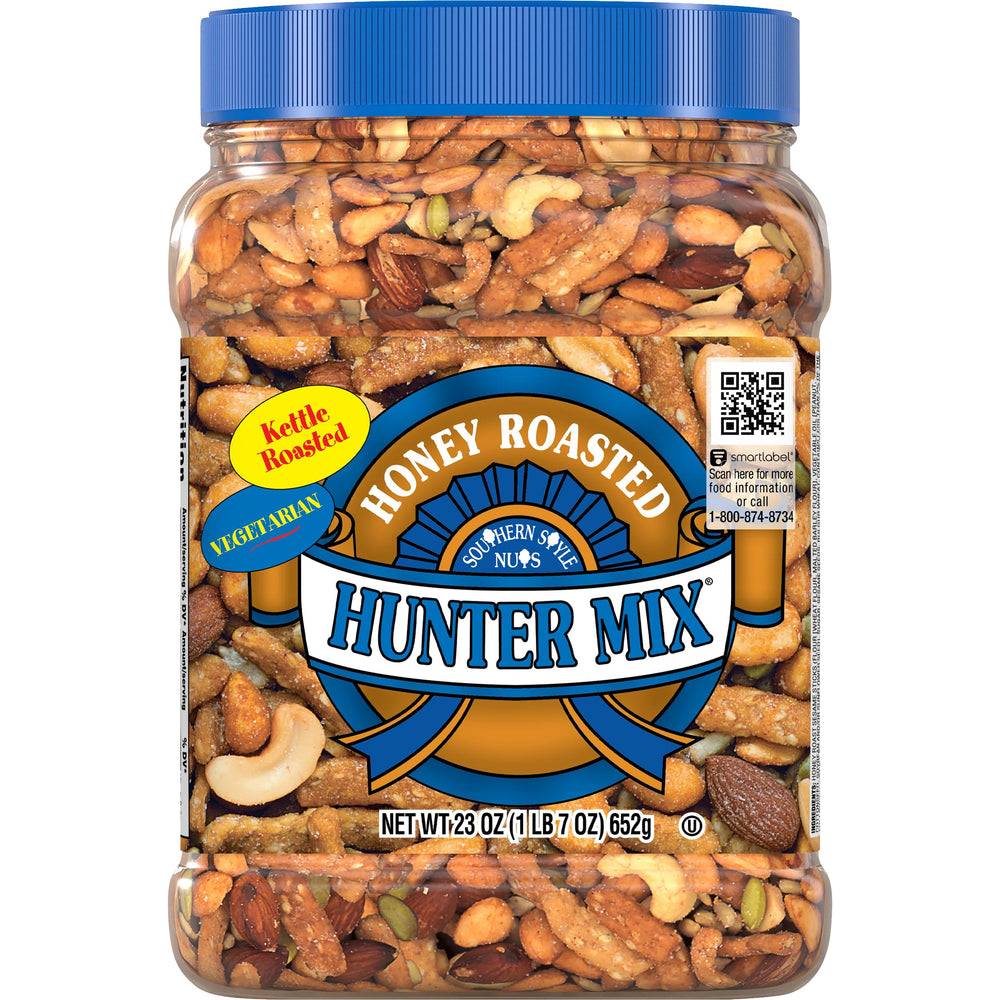 Southern Style Nuts honey roasted hunter mix canister ready for sharing and on-the-go snacking.