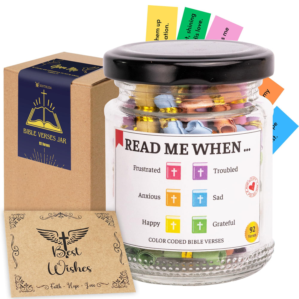 SouthLisa Bible Verse Jar with 92 scrolls offers daily encouragement.