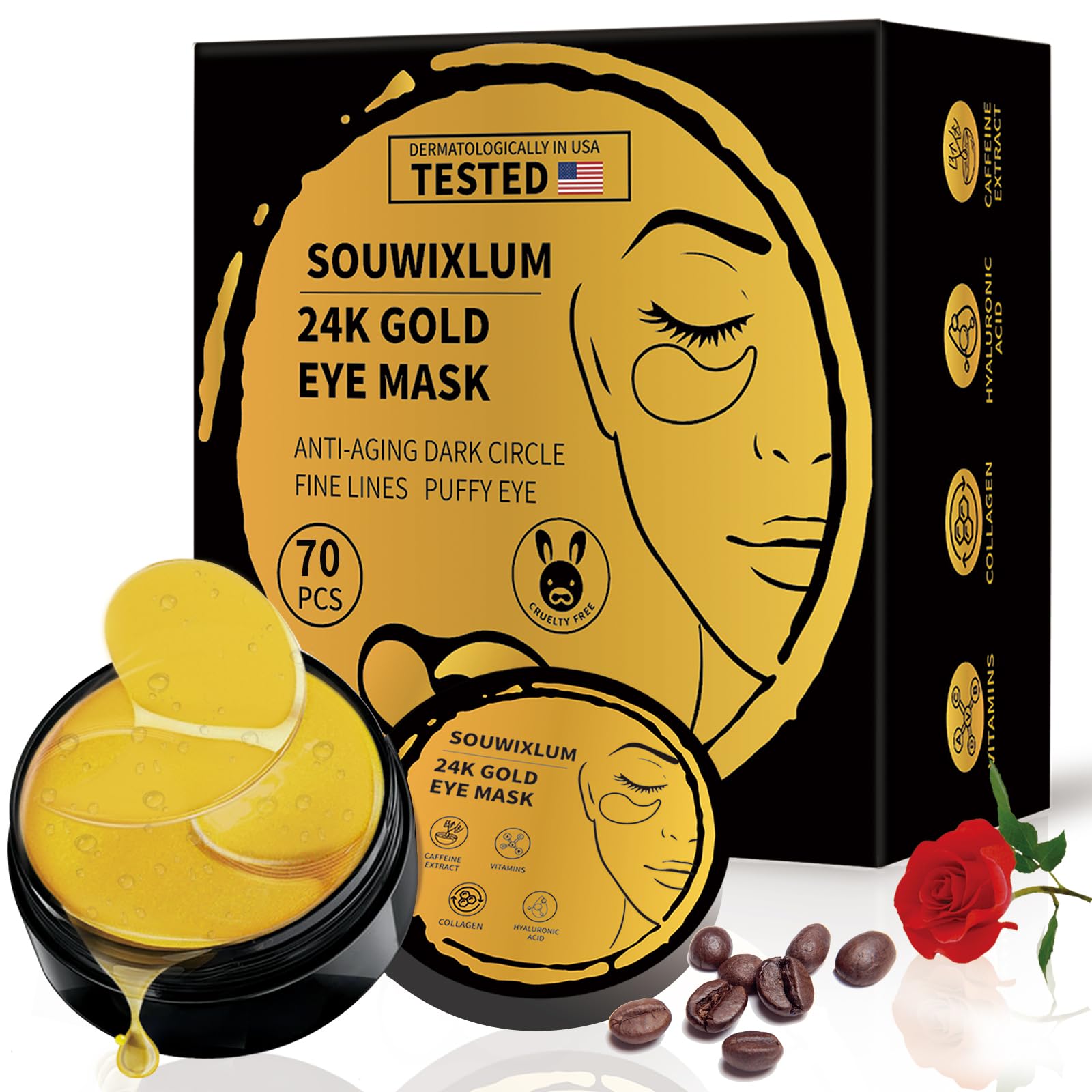 Souwixlum 24K gold under-eye patches in packaging for a premium morning routine