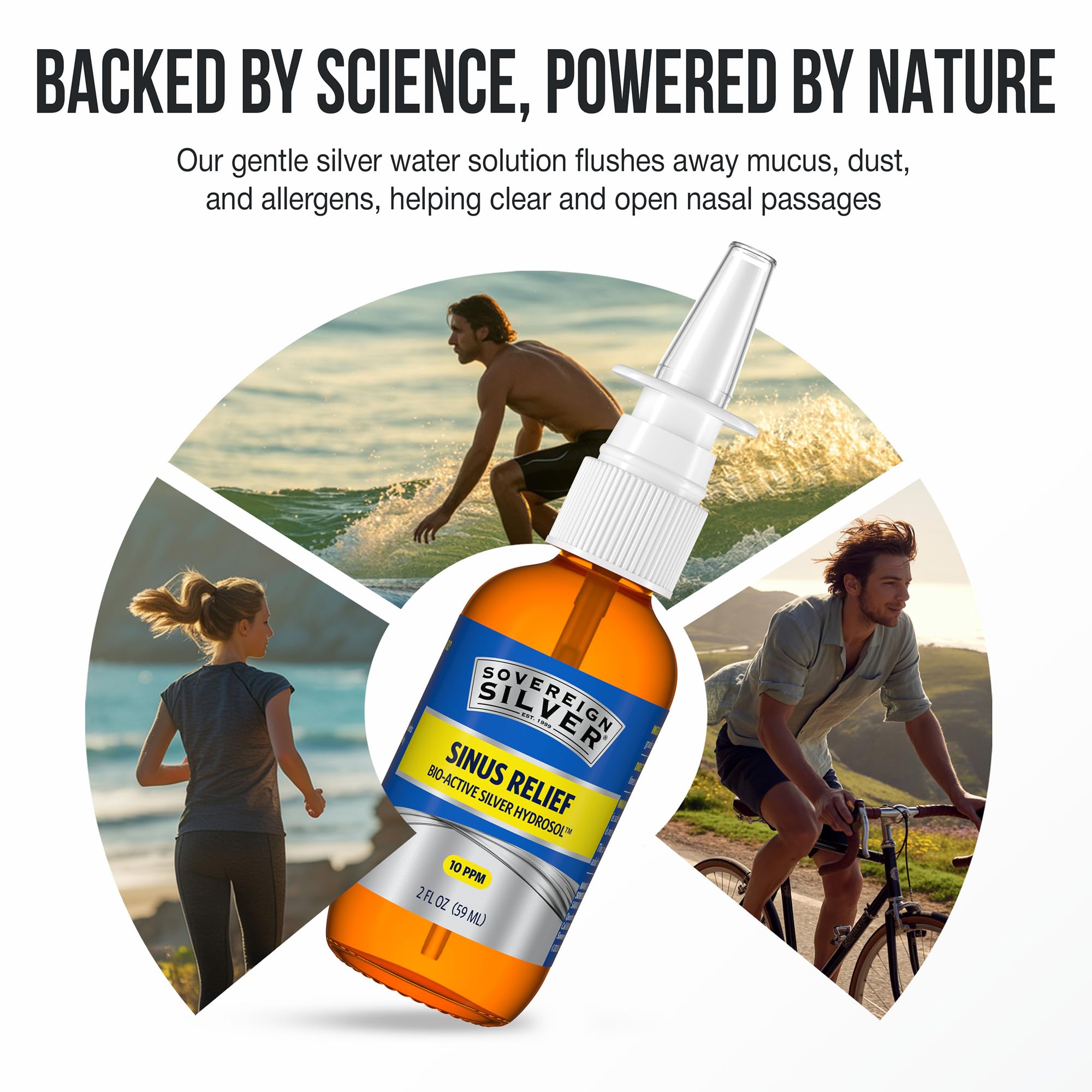 Sovereign Silver nasal spray in daily-use bottle for quick nasal relief.
