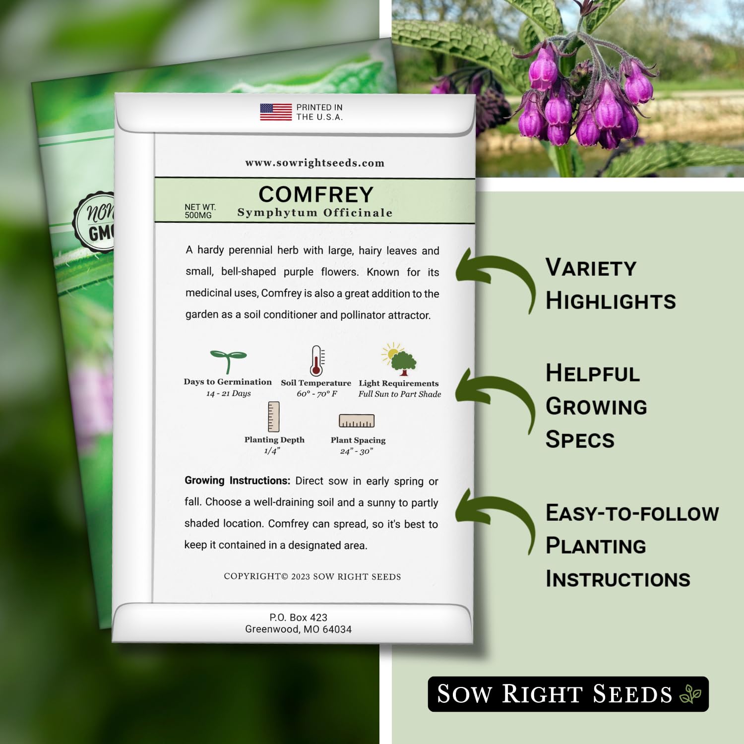 Sow Right Seeds comfrey leaves show large, lush foliage for harvest.