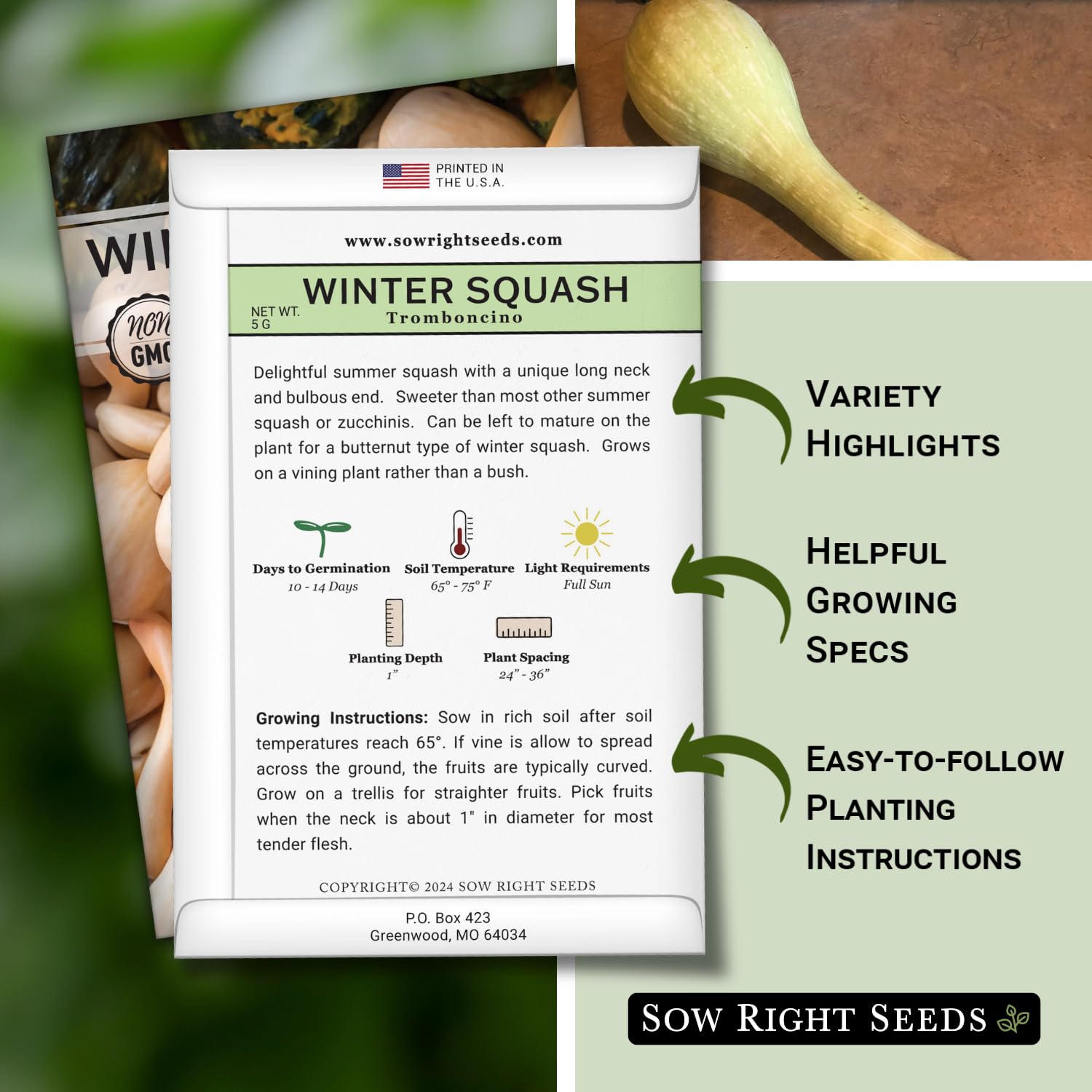 Sow Right Seeds Tromboncino sowing steps showing clear planting instructions.