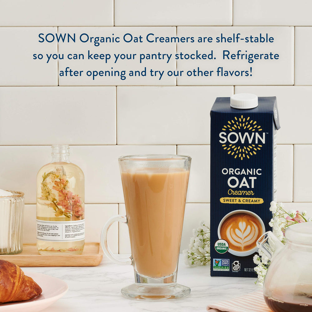 Close-up label of SOWN Creamer highlighting organic and allergen-friendly features
