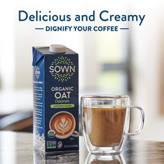SOWN Oat Creamer label with organic certification and sustainability cues.