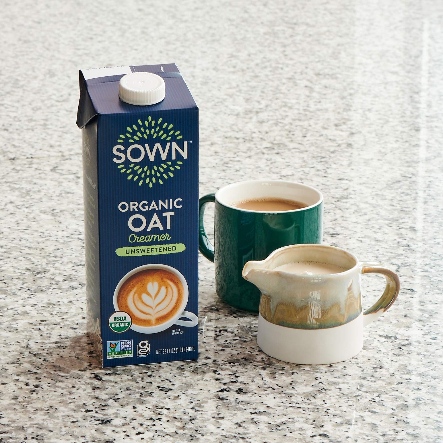 SOWN Oat Creamer 6-pack on shelf highlights convenient, shelf-stable use.
