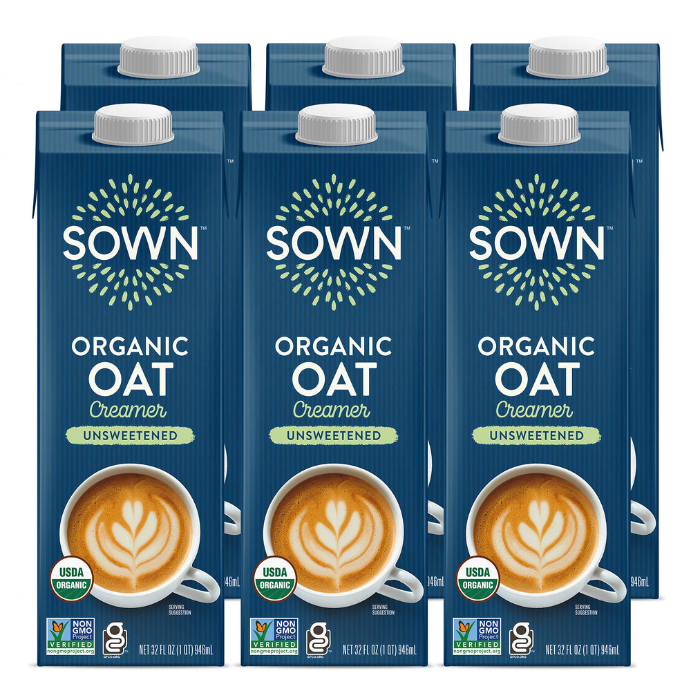 SOWN Organic Oat Creamer unsweetened pour adds dairy-free, 0g sugar to coffee.