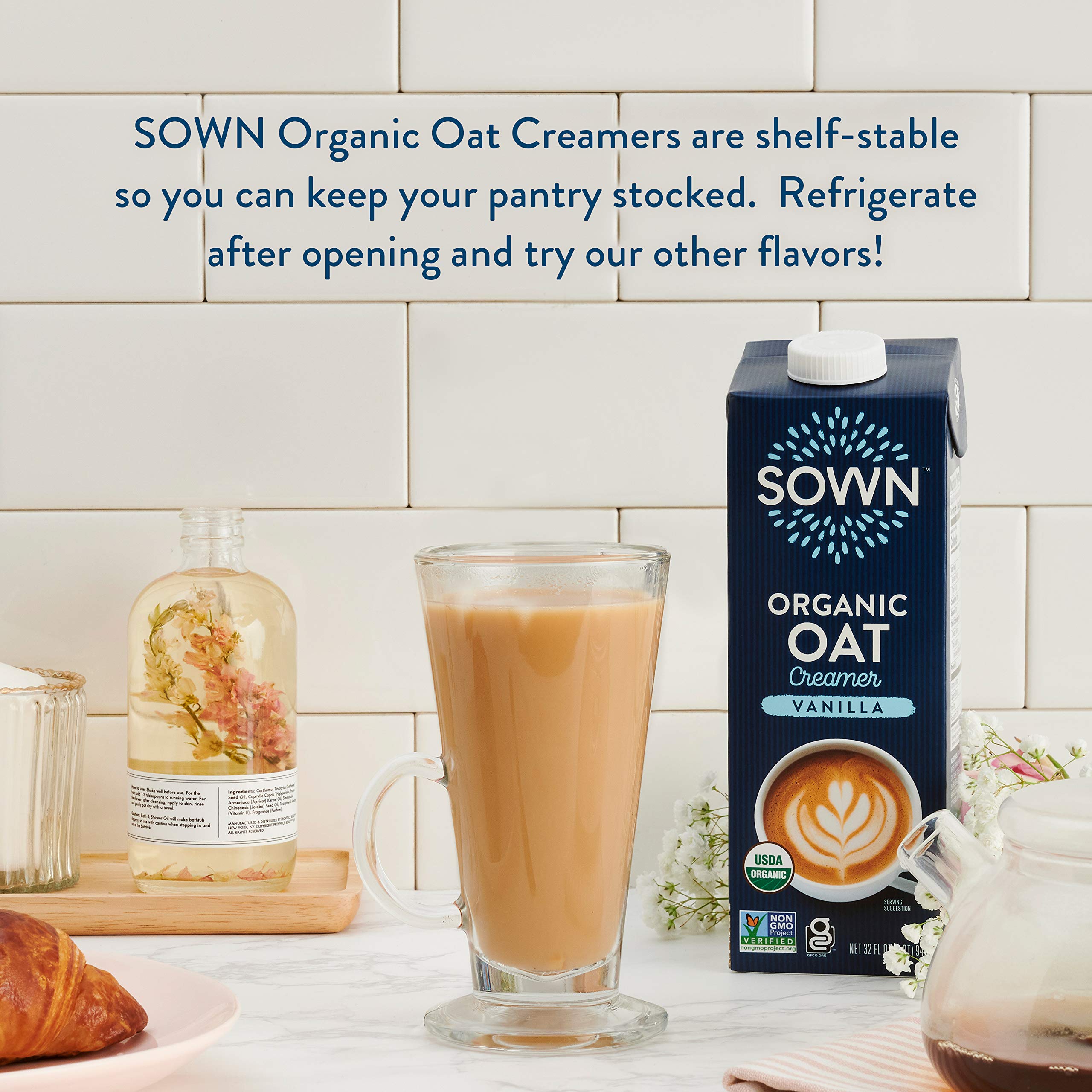 SOWN Oat Creamer vanilla glass bottle presents premium, non-GMO plant-based creamer.