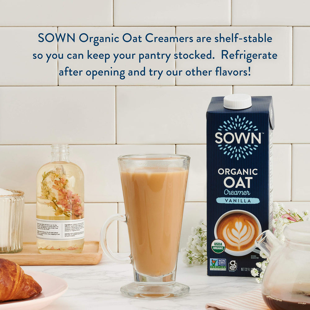 SOWN Oat Creamer vanilla glass bottle presents premium, non-GMO plant-based creamer.