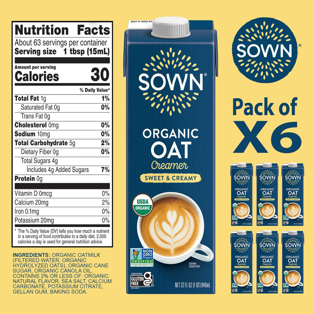 SOWN Oat Creamer ingredients close-up highlighting organic oats for plant-based coffee