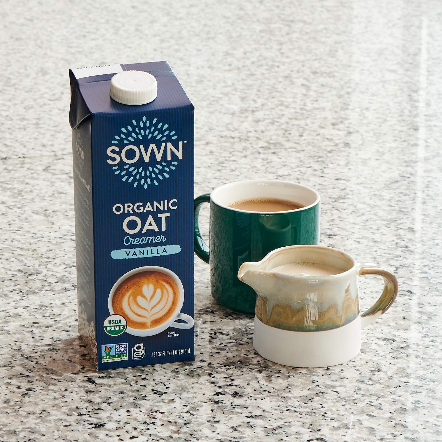 SOWN Organic Vanilla Oat Creamer carton communicates family-friendly, allergen-friendly dairy-free option.