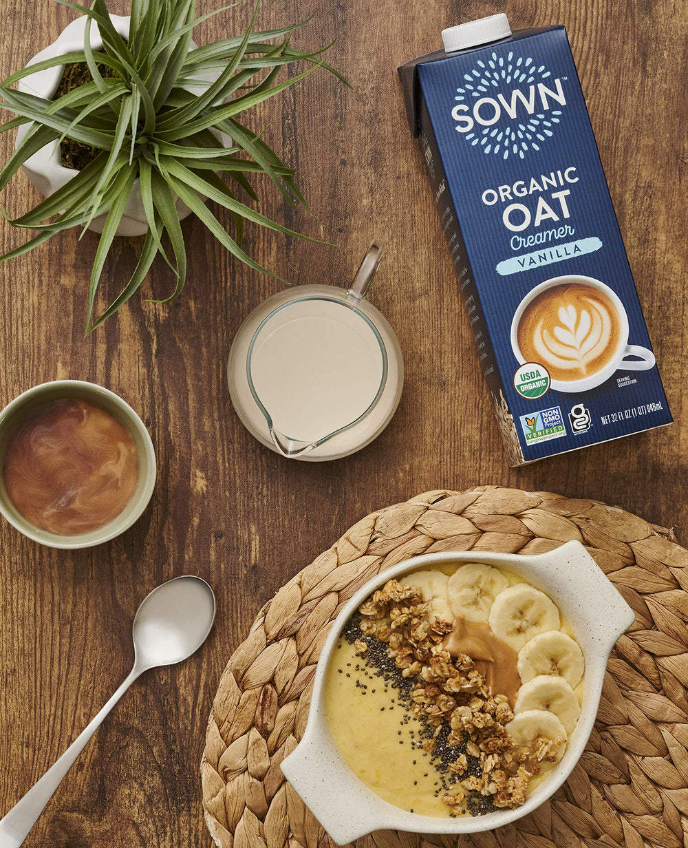 SOWN Organic Vanilla Oat Creamer pack emphasizing convenient, shelf-stable plant creamer.