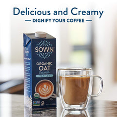 SOWN Vanilla Oat Creamer coffee cup image suggesting dairy-free morning rituals.