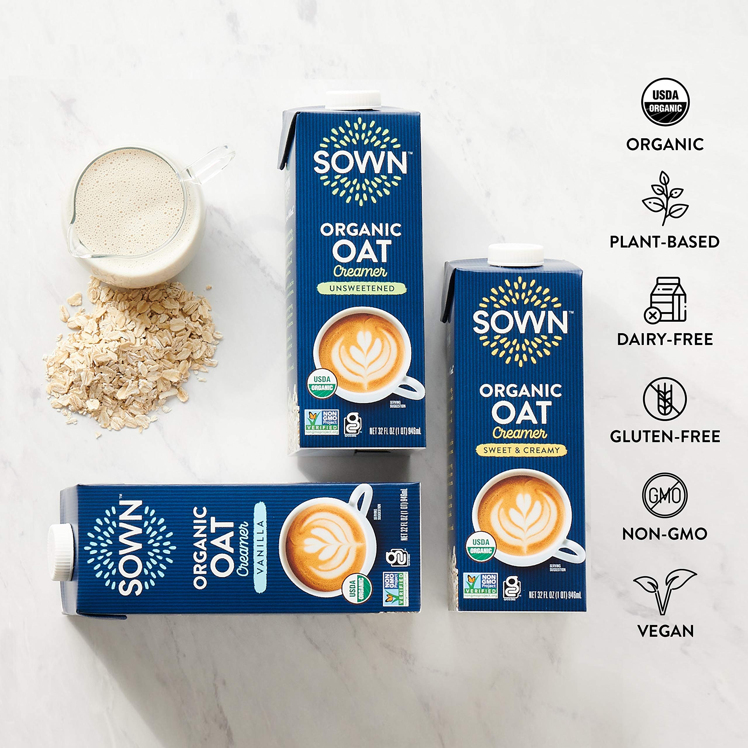 SOWN Vanilla Oat Creamer label highlighting organic, plant-based goodness.