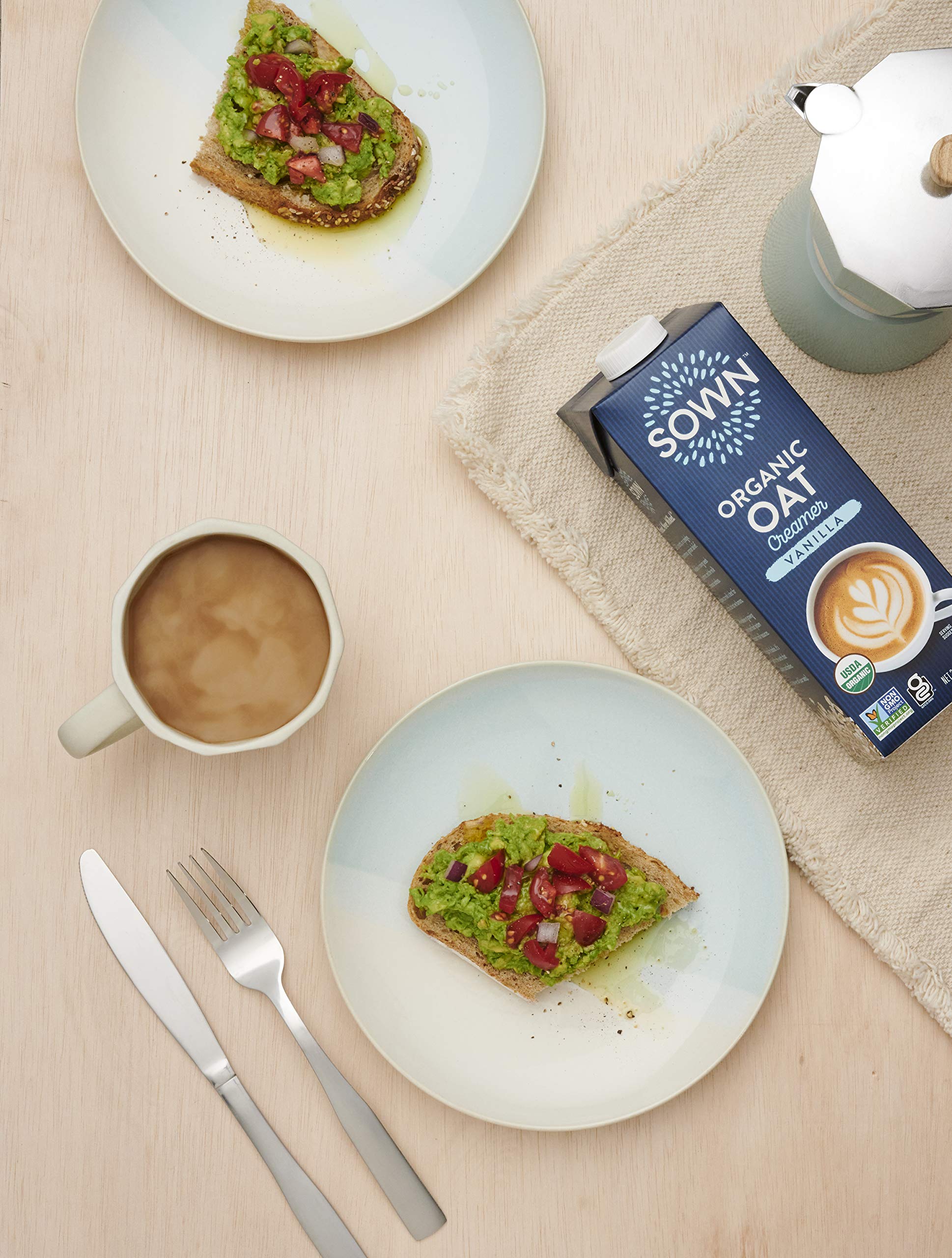 SOWN Vanilla Oat Creamer shelf image reinforces pantry-friendly convenience.