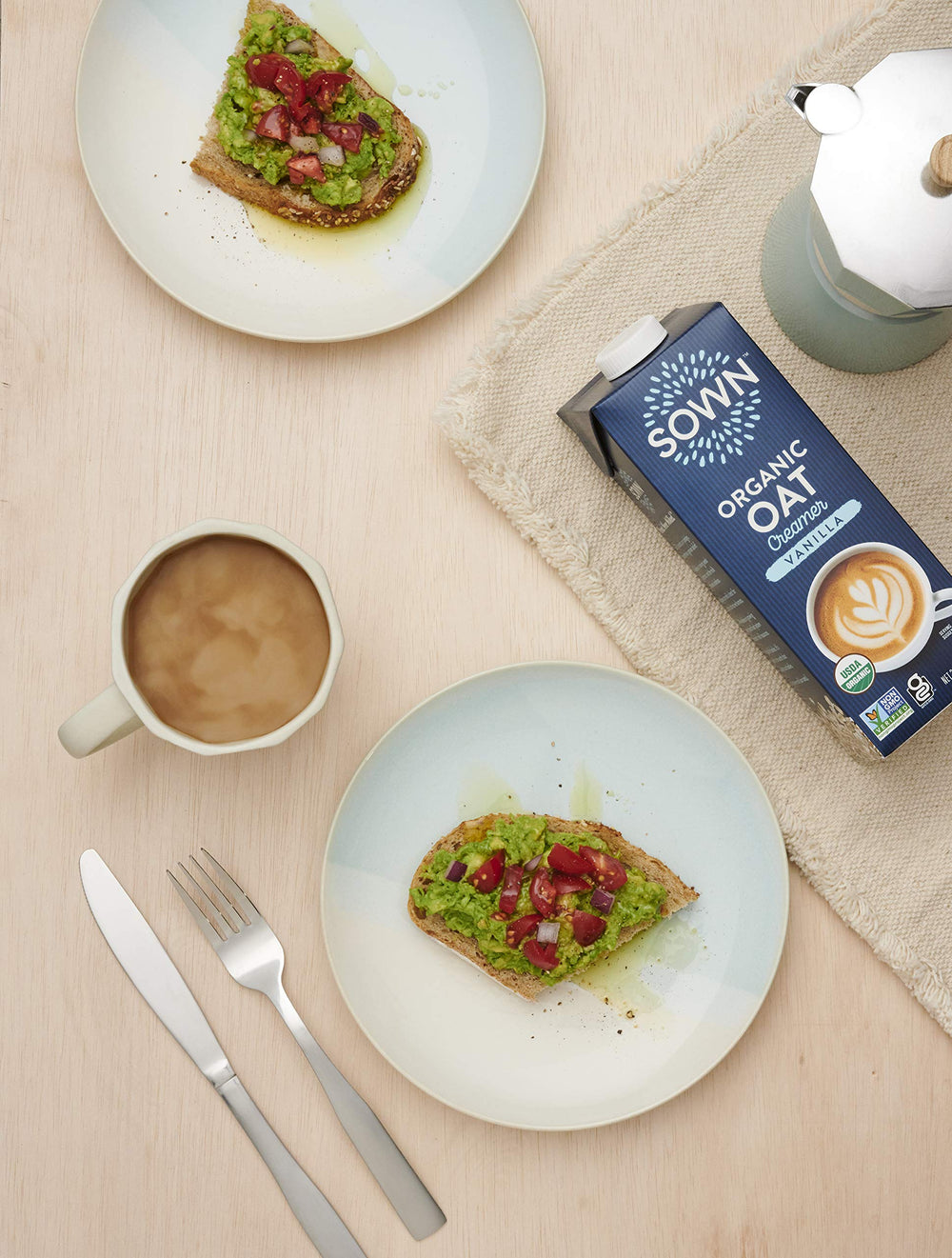 SOWN Vanilla Oat Creamer shelf image reinforces pantry-friendly convenience.