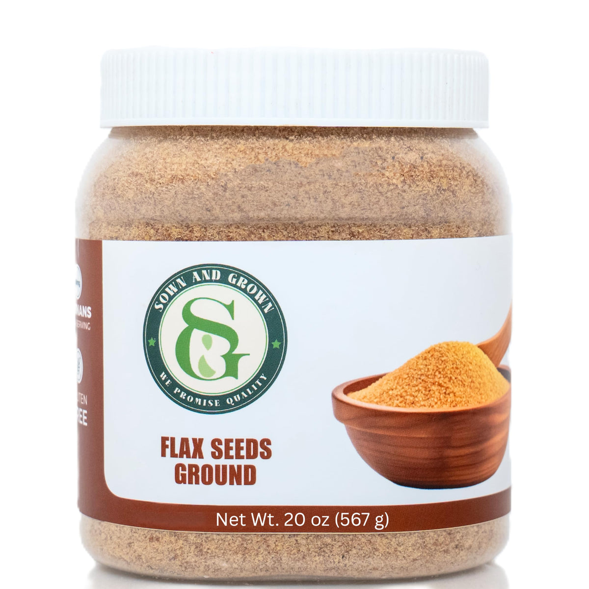 Sownandgrown ground flaxseed jar showing premium quality and convenient 20 oz packaging.