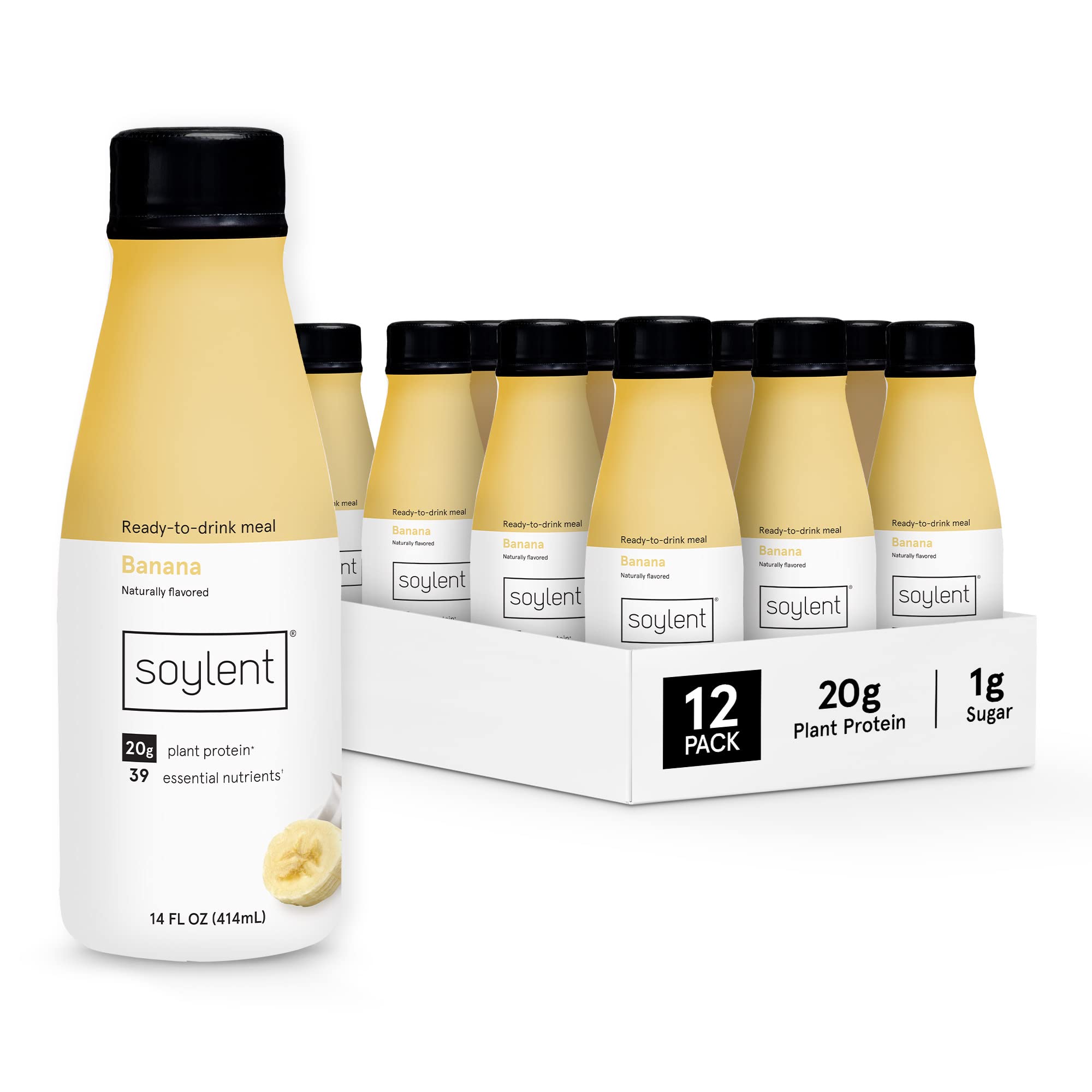 Soylent Banana Shake bottle offers creamy vegan nutrition for on-the-go meals.