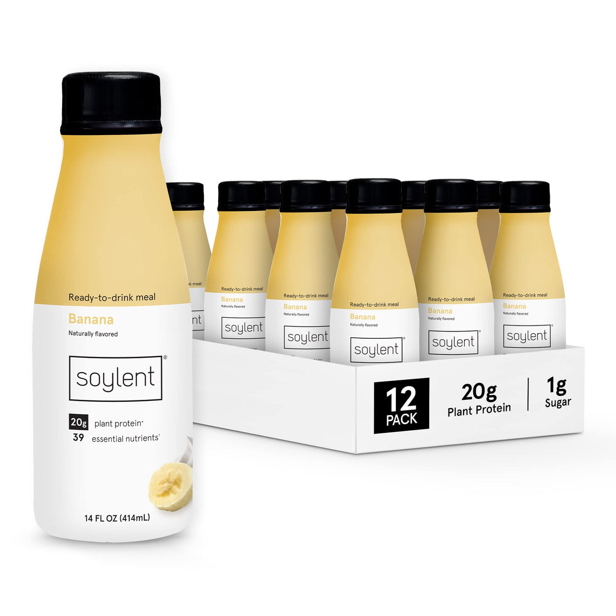 Soylent Banana Shake bottle offers creamy vegan nutrition for on-the-go meals.