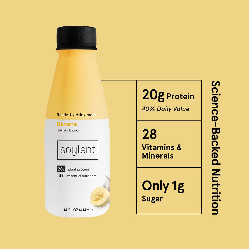 Soylent Banana Shake glass showcasing convenient on-the-go nutrition.