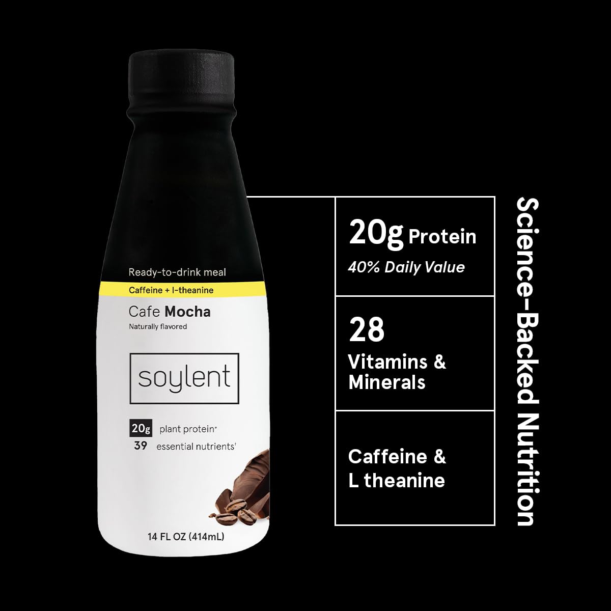 Soylent Complete Coffee Mocha nutrition label highlights 20 g protein and 1 g sugar per serving.
