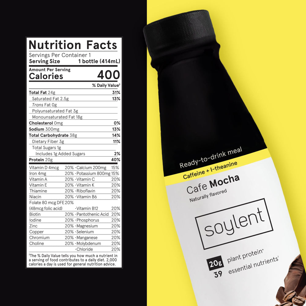Soylent Complete Coffee Mocha pour reveals creamy texture ideal for quick meal replacement.