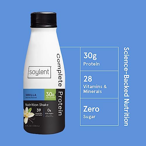 Pack shot of twelve Soylent Vanilla Complete Protein bottles
