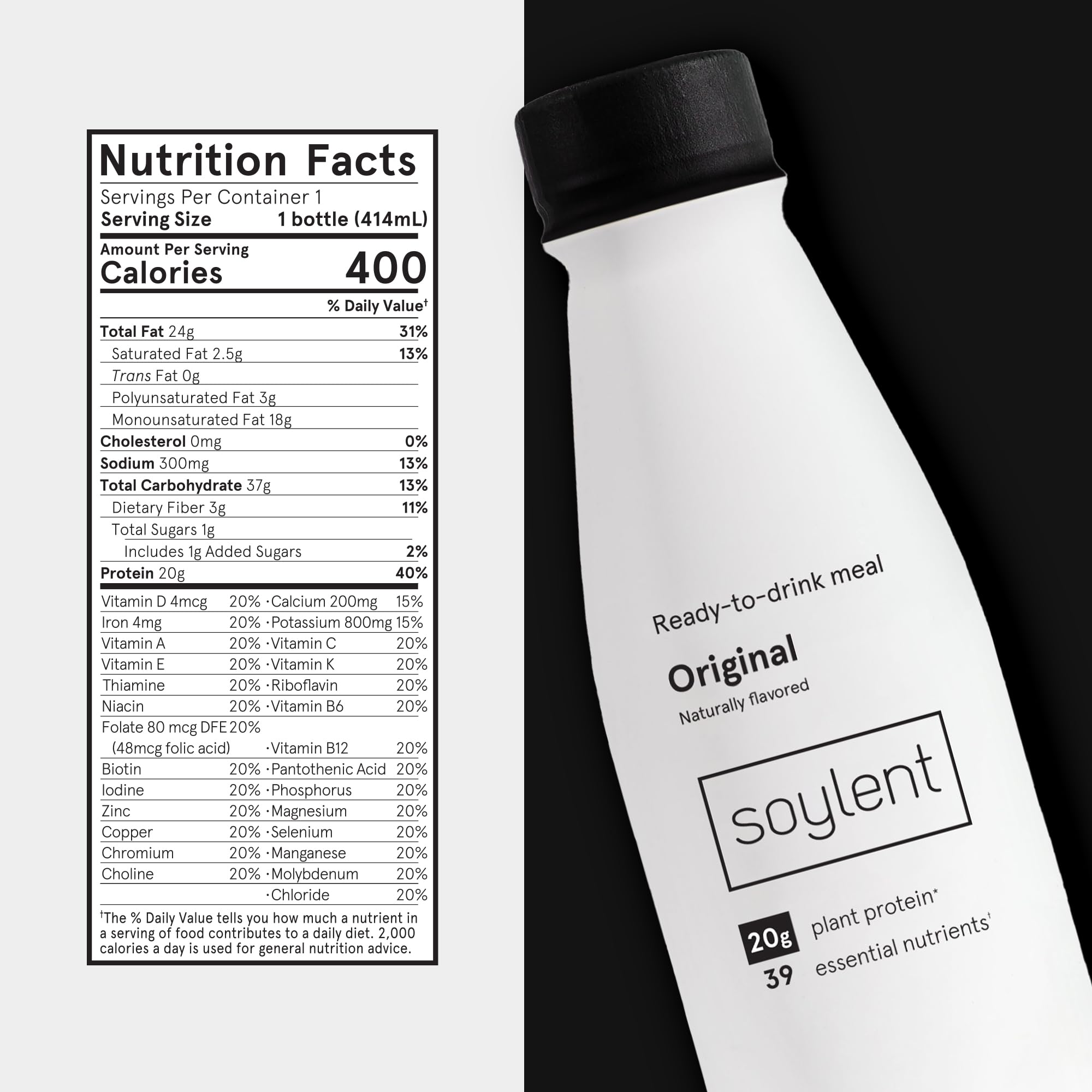 Soylent Original bottle front view for easy recognition.
