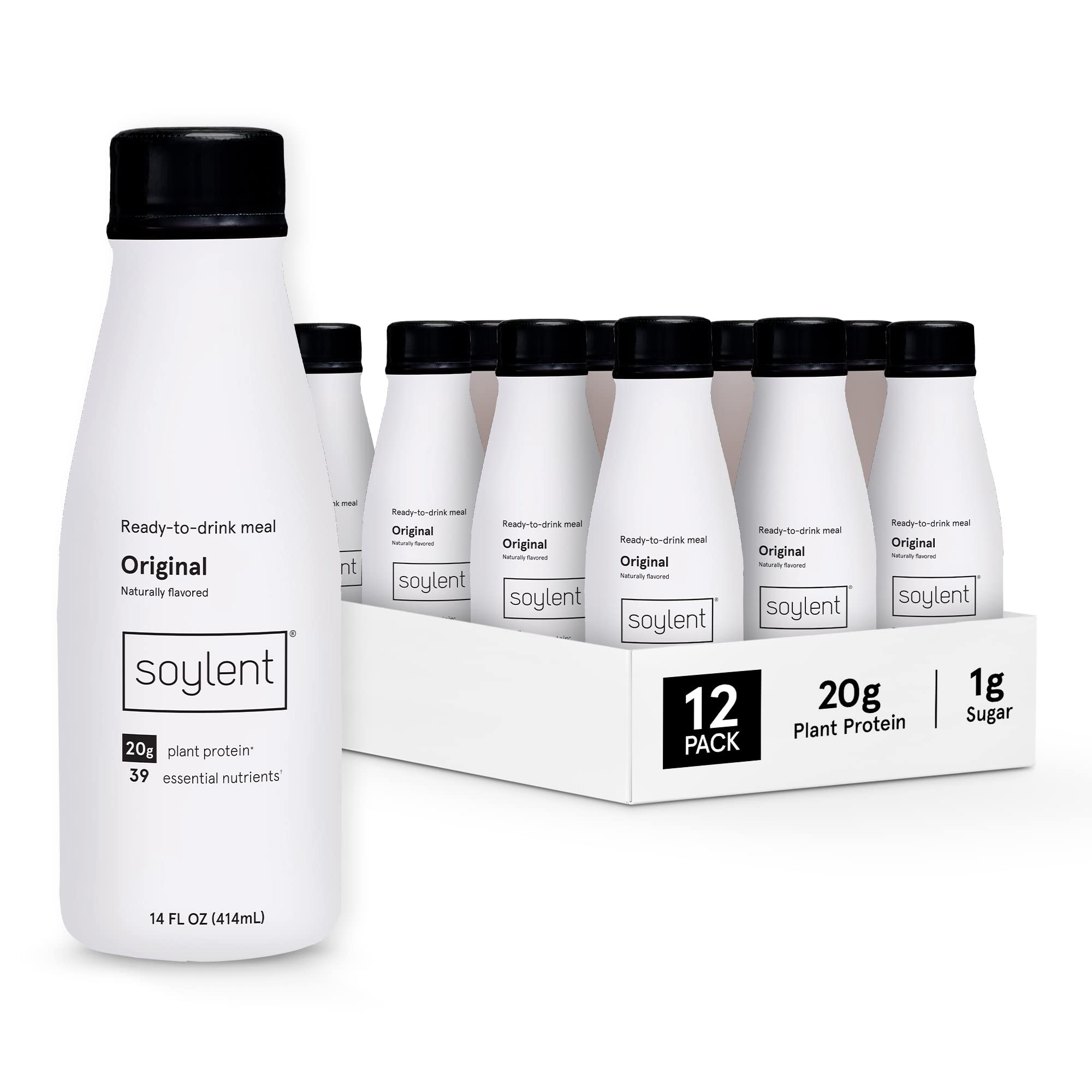 Soylent Original bottle pouring for on-the-go nutrition.