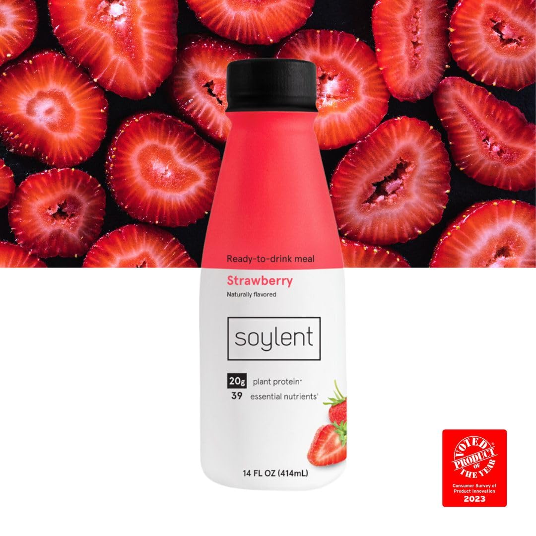 Soylent strawberry 12 pack display ideal for quick meals at work