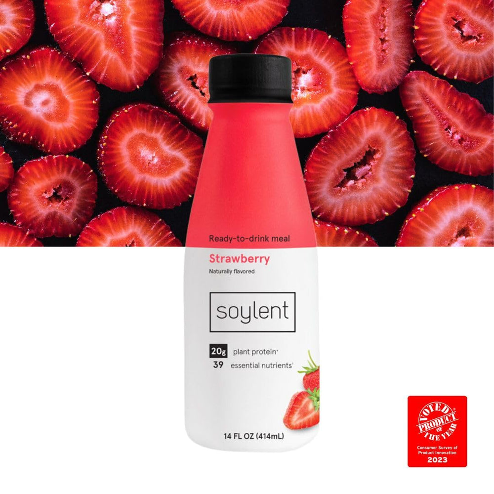 Soylent strawberry 12 pack display ideal for quick meals at work