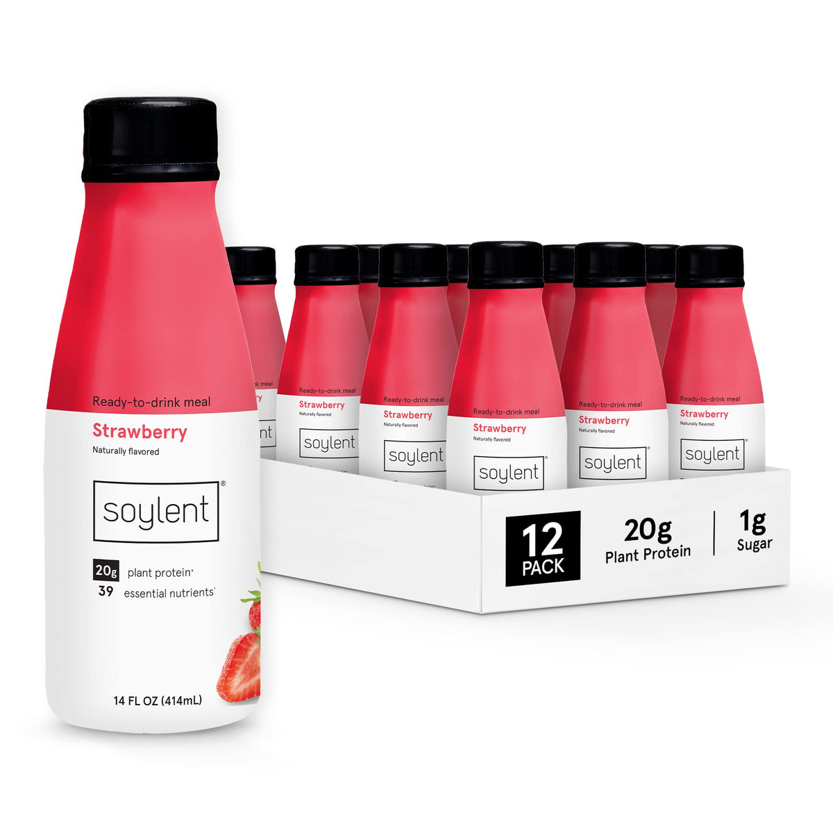 Soylent strawberry bottle front view for convenient ready-to-drink nutrition