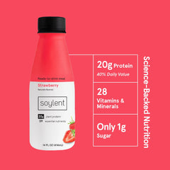 Soylent strawberry label close up showing vegan protein per serving